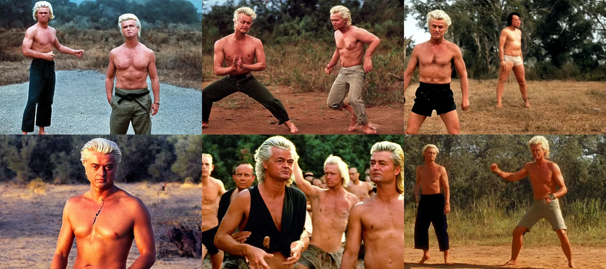 Prompt: Geert Wilders looking pale!!! shirtless karate stance, golden hour, Platoon 1986 by oliver stone, cinémascope, epic ultrawide shot