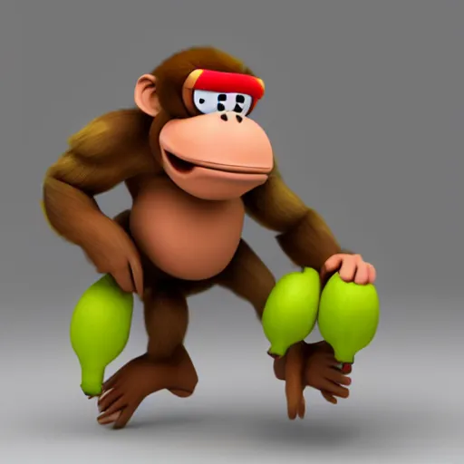 Prompt: Donkey Kong stepping on a banana, 3D render, detailed clay model