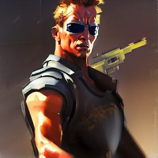 Image similar to greg manchess portrait painting of the terminator as overwatch character, aesthetic, medium shot, asymmetrical, profile picture, organic painting, sunny day, matte painting, bold shapes, hard edges, street art, trending on artstation, by huang guangjian and gil elvgren and sachin teng