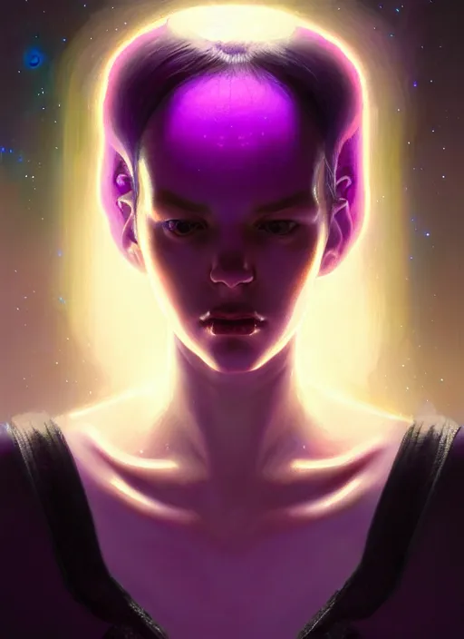 Image similar to portrait of trippy alien girl, purple long hair, jock, beefy, wide face, square jaw, square facial structure, intricate, elegant, glowing lights, highly detailed, digital painting, artstation, concept art, sharp focus, illustration, art by wlop, mars ravelo and greg rutkowski