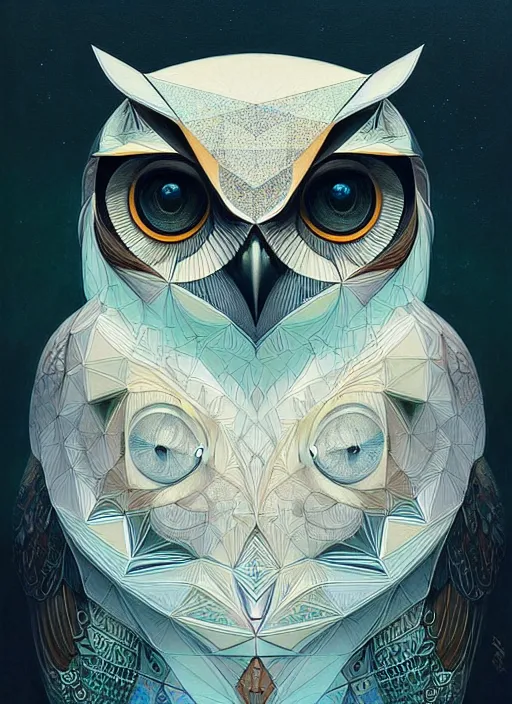 Image similar to portrait of a geometric owl, identical eyes, medium shot, illustration, full body made of white feathers, symmetrical, art stand, super detailed, cinematic lighting, and its detailed and intricate, gorgeous, by peter mohrbacher