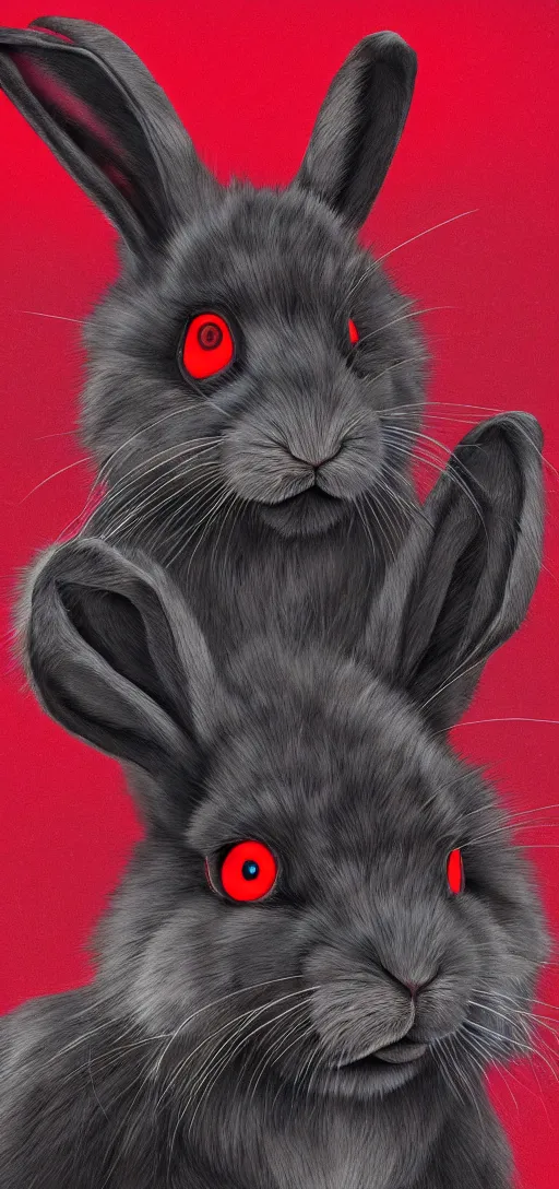 Image similar to portrait of neon fur rabbit with red eyes and a machine gun , 8k, highly detailed, sharp, realistic, in style of Brom