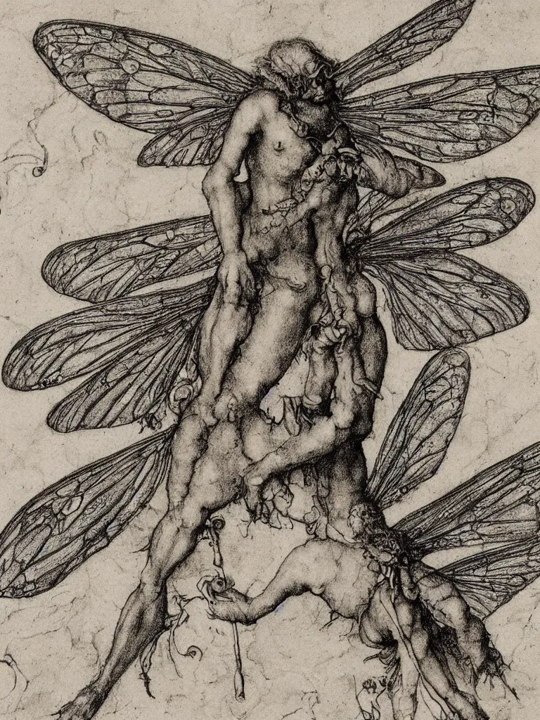 Prompt: annotated detailed sketch drawing of a fairy with dragonfly wings by albrecht durer