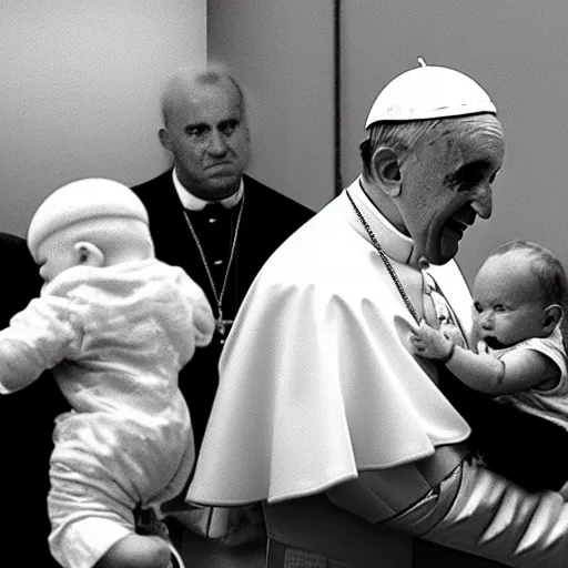 Prompt: the pope caught stealing a baby in cctv security footage black and white