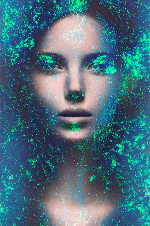 Prompt: extreme glitch art of a beautiful woman in cyanotype with a glitching digital overlap that glitches on a opalescent double sided koroit opal, by Heitor Magno