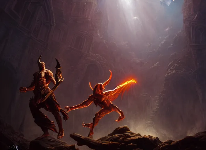 Image similar to god fighting the devil, dramatic light, dungeon background, high detail, fantasy background, painted todd lockwood, stanley lau, greg rutkowski, artgerm, digital art, trending on artstation