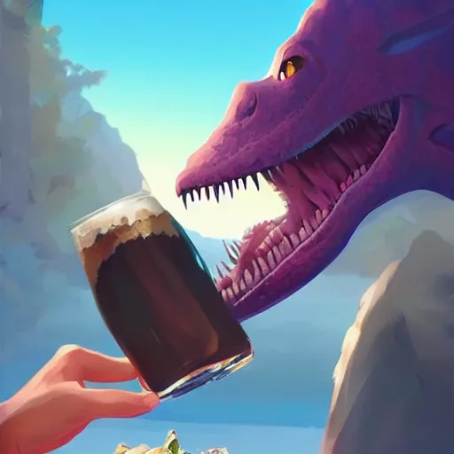 Image similar to barnie the dinosaur holding a broken beer bottle, art gta 5 cover, official fanart behance hd artstation by jesper ejsing, by rhads, makoto shinkai and lois van baarle, ilya kuvshinov, ossdraws