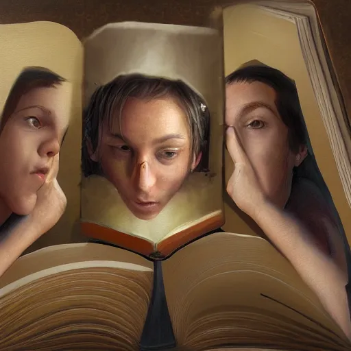 Prompt: a realistic painting of three male and one female characters emerging from inside a book, trending on artstation, detailed digital art