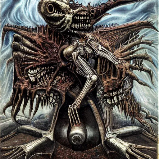 Prompt: painting by h. r. giger, fantasy demon rising from the ashes like a phoenix, metal album cover, punk, skeletal remains, condemned to misery, terminate, metal