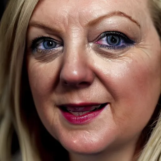 Prompt: A portrait of Liz Truss as a reptilian, snake eyes, slit pupils, scales, human-animal hybrid, hyperrealistic, photorealistic, f 1.8