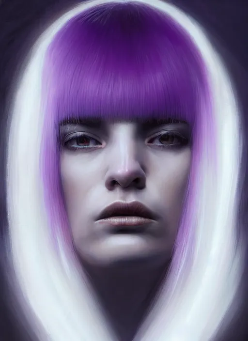 Image similar to hair whitebangs hair, black hair, whitebangs, portrait of trump with white bangs, red irises, purple clothes, white bangs, bangs are different color from hair, intricate, elegant, glowing lights, highly detailed, digital painting, artstation, concept art, smooth, sharp focus, illustration, art by wlop, mars ravelo and greg rutkowski