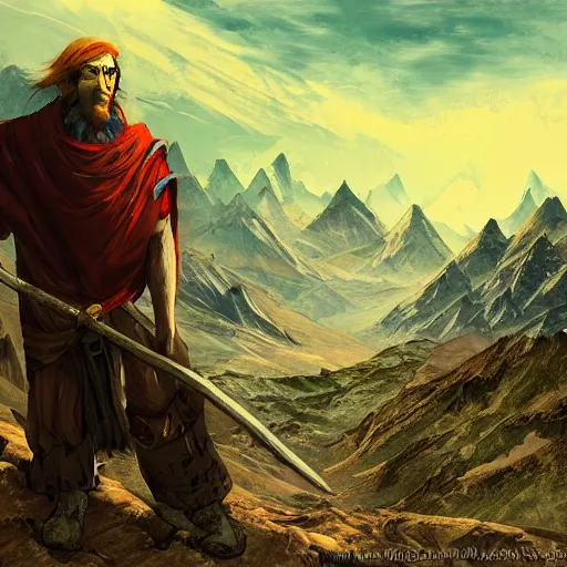 Image similar to man with scars exploring a land where he got a mountain like the mordor to explore, gege akutami style, overdetailed art, realistic, colorfull,