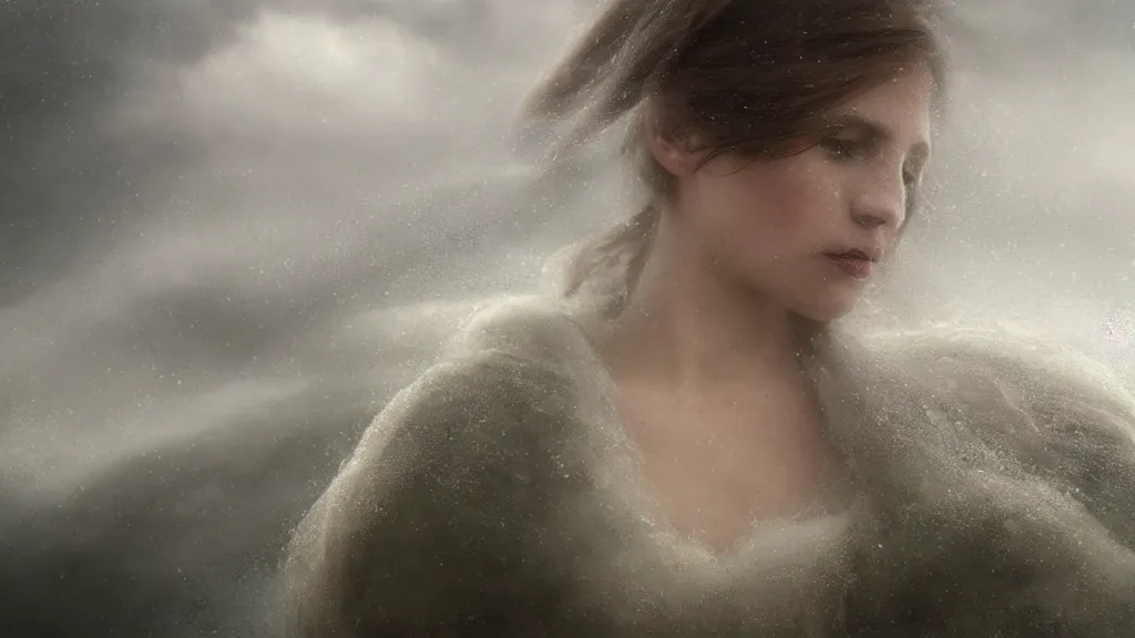 Prompt: mage, norway fjord, extreme close up portrait, hudson river school, max rive, stormy seas, white royal dress, beautiful, bokeh, gentle, female, snowy, storm clouds, god rays, extreme close up portrait, d & d, fantasy, elegant, low key color palette, concept art, roger deakins and greg rutkowski and alphonse mucha