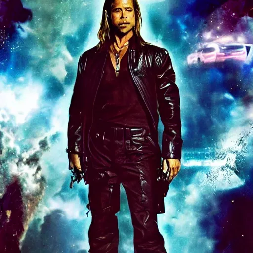 Prompt: brad pitt as a sci - fi action hero. bold, dark colours. contrasted by our hero brad pitt in the centre of the screen. detailed, 8 k