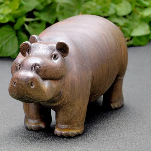 Image similar to small hippo statue, wood blocks bottom hippo body, blue chrome top hippo body, by a genius craftsman, highly detailed