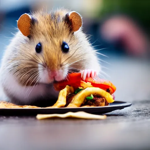 Prompt: detailed photo of a hamster eating a kebab, outdoors, various poses, full body, unedited, daylight, dof 8 k