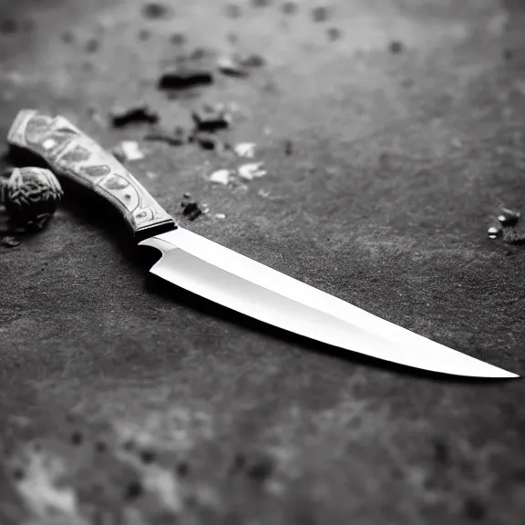 Prompt: fantasy knife, splash art, movie still, cinematic lighting, dramatic, octane render, long lens, shallow depth of field, bokeh, anamorphic lens flare, 8k, hyper detailed, 35mm film grain