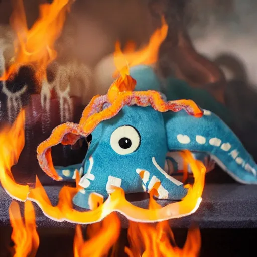 Image similar to a showcase of various squid plushies covered on fire