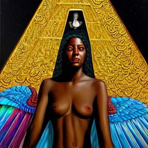 Image similar to isis depicted as a black woman with large iridescent wings in front of a crystal pyramid by Aliza Razell, chris leib, and thomas blackshear, oil on canvaa