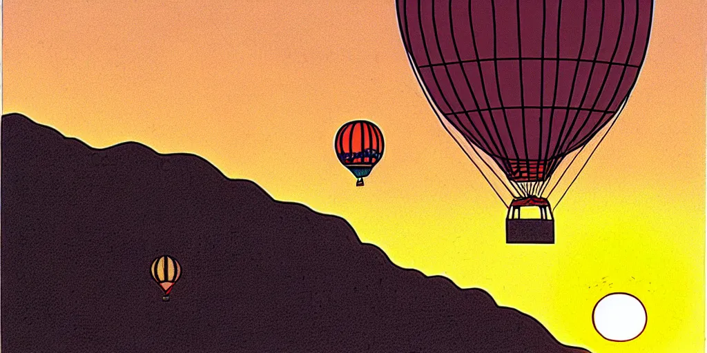 Image similar to hot air balloon, sunset, cartoon by moebius