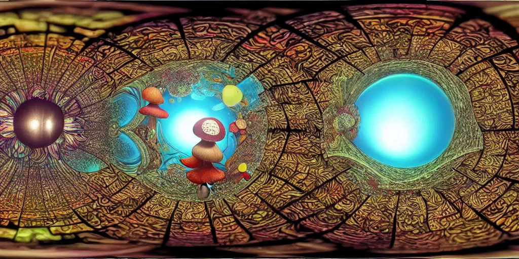 Image similar to 360 degree equirectangular, anthropomorphic mushroom circus portrait, Art Deco nature, fantasy, intricate art deco mushroom designs, elegant, highly detailed fractals, sharp focus, fractal, equirectangular, 360 degree, equirectangular, 360 monoscopic equirectangular, art by Artgerm and beeple and Greg Rutkowski and WLOP