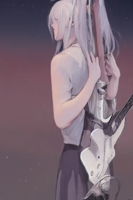 Image similar to a white haired girl with a guitar on her back shopping at a convenience store at night, grey and dark theme, s line, 4 5 angel by krenz cushart and mucha and makoto shinkai, 4 k resolution