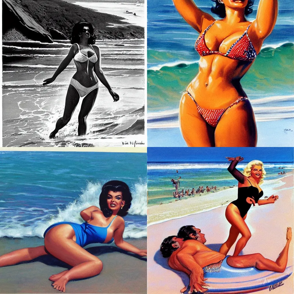 Prompt: Jayne Mansfield in a swimsuit, body surfing at Malibu Beach by Mort Kunstler and Victor Moscoso