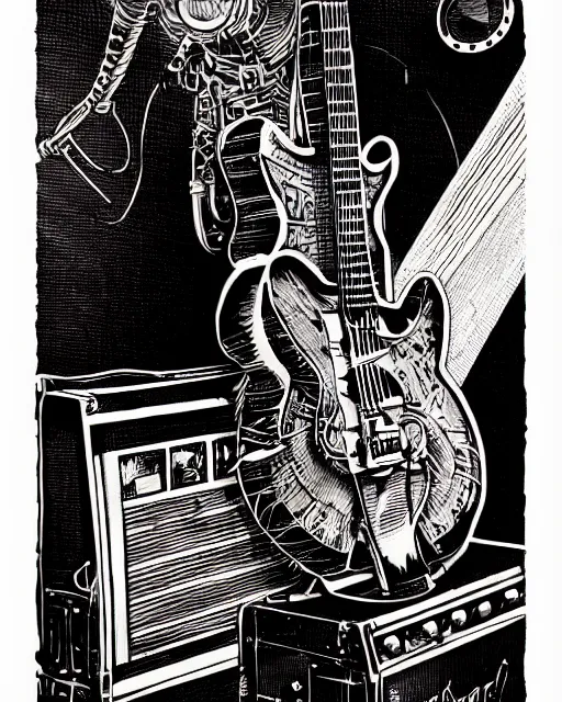 Image similar to a steampunk guitar leaning on an guitar amp, two point perspective, high details, bold line art, by vincent di fate and joe fenton, inking, etching, screen print, masterpiece, trending on artstation, sharp, high contrast, hyper - detailed,, hd, 4 k, 8 k