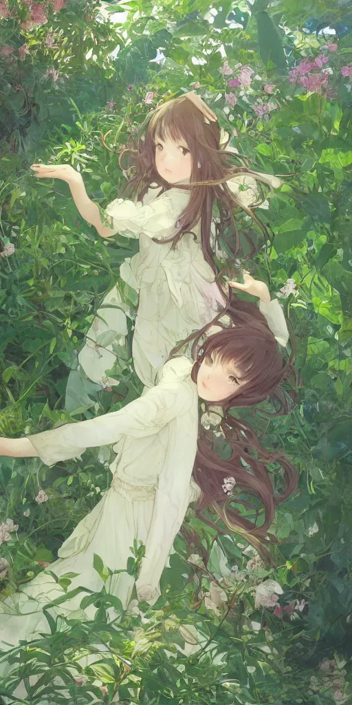 Image similar to a digital art of a loli with long hair in a dress in the privet garden at after noon, green and warm theme, by krenz cushart and mucha and akihito yoshida and greg rutkowski and makoto shinkai, low angle, long shot, back lighting, detailed eyes, 4 k resolution, trending on art station