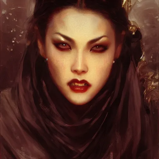 Image similar to detailed cinematic wide shot of beautiful attractive asian vampire woman slim face symettrical face clean skin black eyes black robe smooth, sharp focus, ultra realistic, spring light, painting by gaston bussiere, craig mullins, j. c. leyendecker