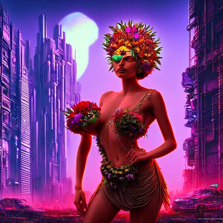 Image similar to Beautiful 3d render of the flower queen goddess in a sensual pose, in the style of Dan Mumford, with a crowded futuristic cyberpunk city in the background, astrophotgraphy