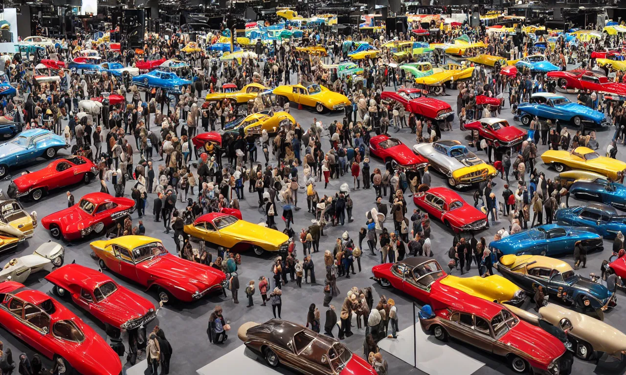 Prompt: exhibition hall full of restomods cars, plants and observing crowd people, high detail, colorful image, small features, from new movie by digital domain and weta digital, strong ambient occlusion