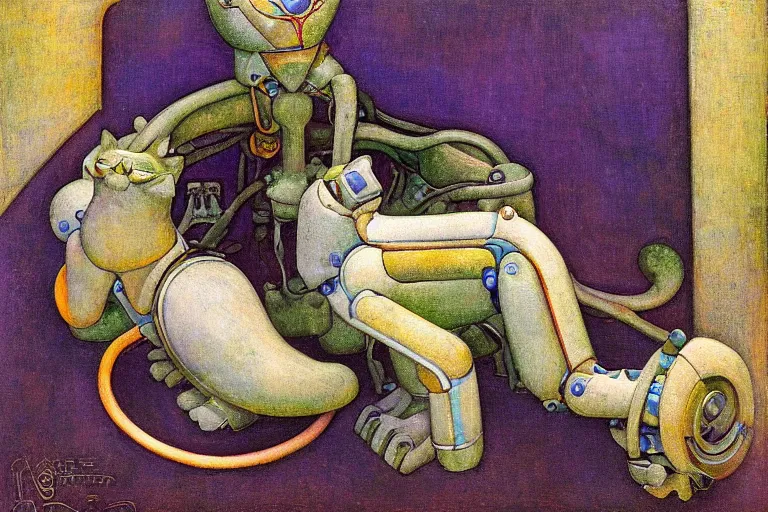 Image similar to mechanical robot cat, by annie swynnerton and diego rivera and nicholas roerich and jean delville, symbolist, dramatic lighting, elaborate geometric ornament, art brut, colors are soft greens and blues and purple, smooth, sharp focus, extremely detailed, adolf wolfli and ( donato giancola )