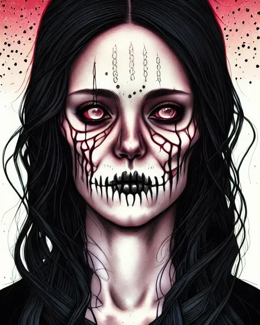 Image similar to comic horror cover art of a beautiful girl with tears in her eyes, skull motif background, illustration by jenny frison and sana takeda, intricate details, stunning inking lines, stunning gradient colors, 4 k, hd, artstation, award winning