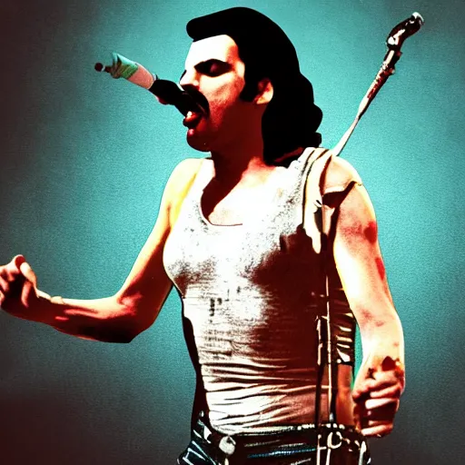 Image similar to Freddie mercury is singing in a post apocalyptic world, digital art