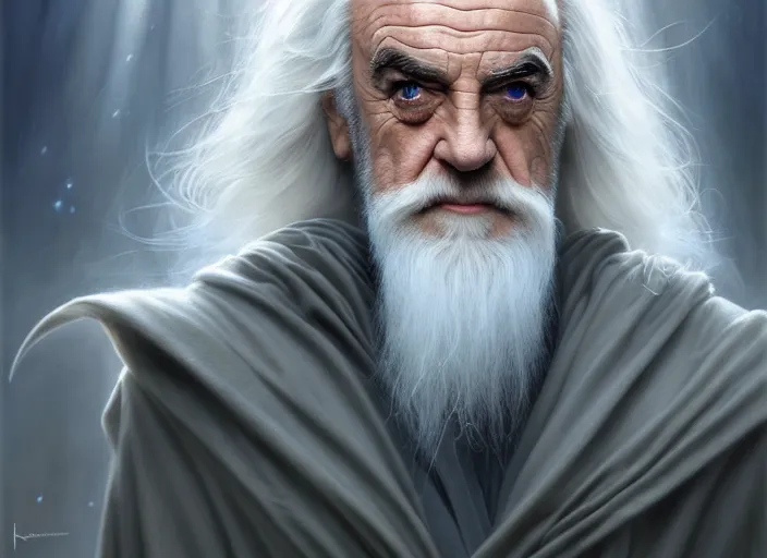 Prompt: white haired sean connery as gandalf, lord of the rings, robes, intricate, elegant, highly detailed, centered, digital painting, artstation, concept art, smooth, sharp focus, illustration, artgerm, tomasz alen kopera, peter mohrbacher, donato giancola, joseph christian leyendecker, wlop, frank frazetta