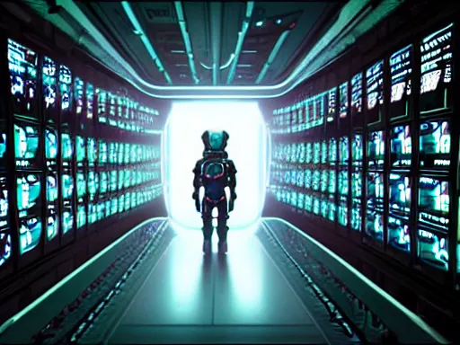 Prompt: symmetrical anthropomorphic android working in sci - fi data center room. cinematic shot from alien isolation