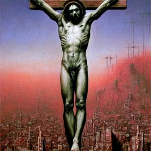 Prompt: the crucifixion of jesus in times square, beksinski style painting, very detailed