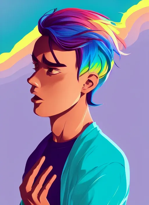 Image similar to a young man with beautiful rainbow hair. he looks very angry. clean cel shaded vector art. shutterstock. behance hd by lois van baarle, artgerm, helen huang, by makoto shinkai and ilya kuvshinov, rossdraws, illustration, art by ilya kuvshinov