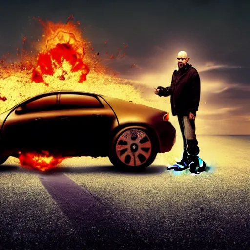 Image similar to Walter White from Breaking Bad (2008) standing on a hoverboard with an exploding car behind him, HDR, 8k,