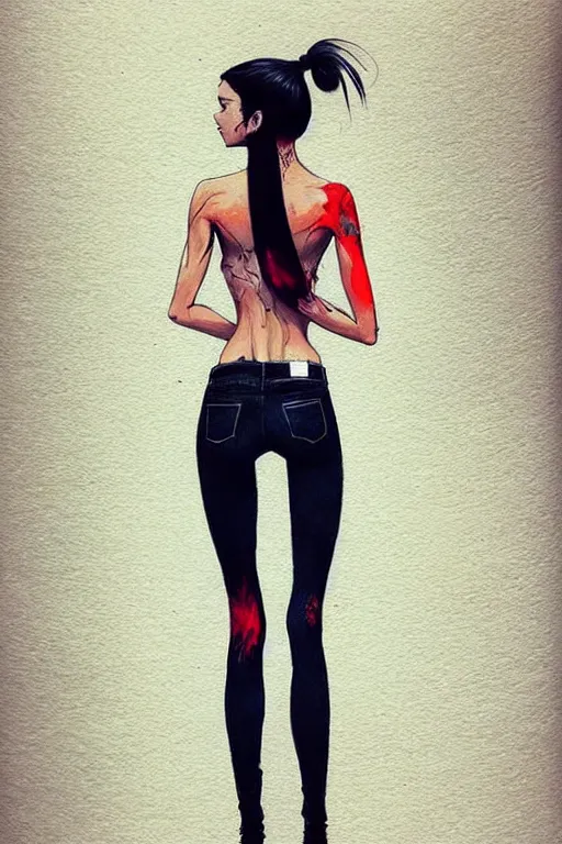 Image similar to a ultradetailed beautiful full body painting of a stylish woman in with a ponytail, she is wearing a black tank top and jeans, by conrad roset, greg rutkowski and makoto shinkai trending on artstation