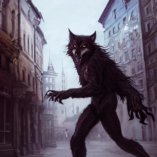 Image similar to werewolf in the downtown city lviv market square, portrait, highly detailed, full body, digital painting, trending on artstation, concept art, sharp focus, illustration, art by artgerm and greg rutkowski and magali villeneuve