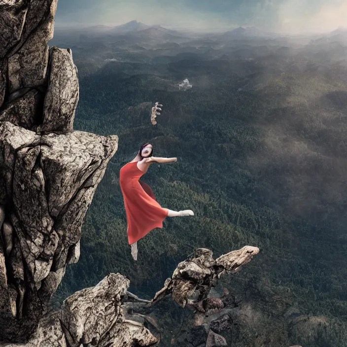 Image similar to a woman dancing on top of a very high surreal building on top of the mountains, nature, plants, fire, rocks, water, bark, hyper realism, high detail, octane render, 8k, chrome accents