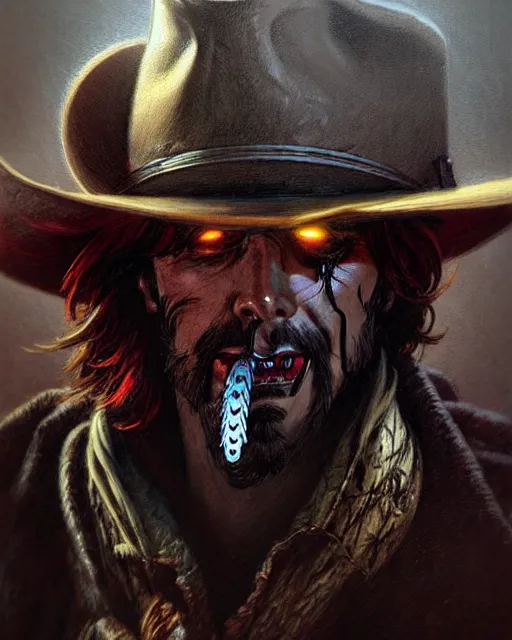 Image similar to mccree from overwatch, character portrait, portrait, close up, concept art, intricate details, highly detailed, horror poster, horror, vintage horror art, realistic, terrifying, in the style of michael whelan, beksinski, and gustave dore