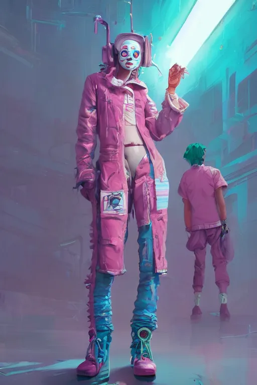 Image similar to wide view cyberpunk clown girl made of pink slime, cartoon, wearing cyberpunk intricate streetwear, transparent, behance hd artstation by jesper ejsing by rhads, makoto shinkai and lois van baarle, ilya kuvshinov, ossdraws, cinematic lighting, sharp focus