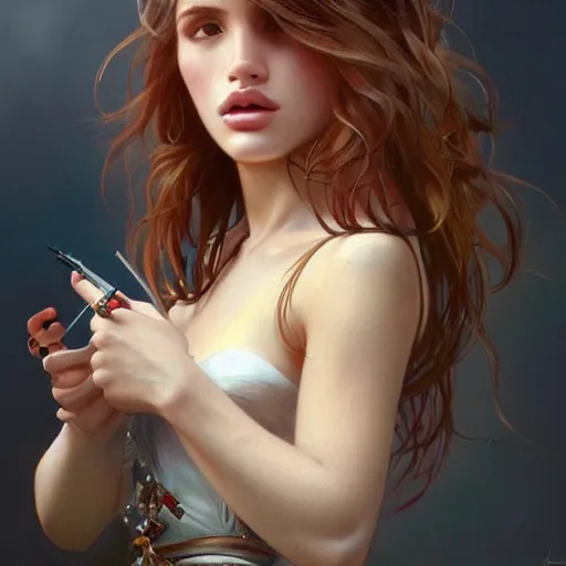 Prompt: ultra realistic illustration, bella thorne, pouting, intricate, elegant, highly detailed, digital painting, artstation, concept art, smooth, sharp focus, illustration, art by artgerm and greg rutkowski and alphonse mucha