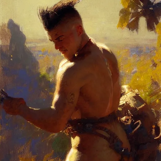 Prompt: a man with a mohawk haircut, painting by Gaston Bussiere, Craig Mullins