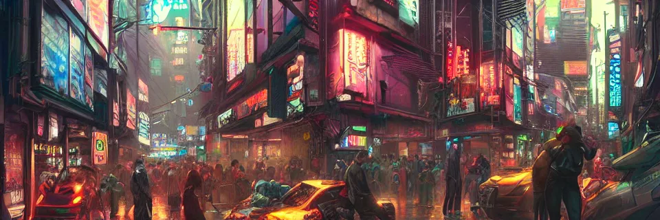 Image similar to overly crowded street of a cyberpunk city, rain, harsh neon lights, highly detailed, digital painting, trending on artstation, concept art, sharp focus, illustration, art by artgerm and greg rutkowski and magali villeneuve