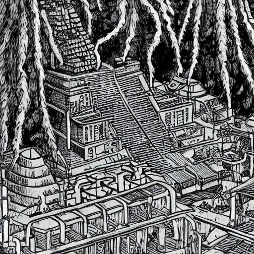Prompt: junji ito comic strip depicting guatemala mayan city of tikal