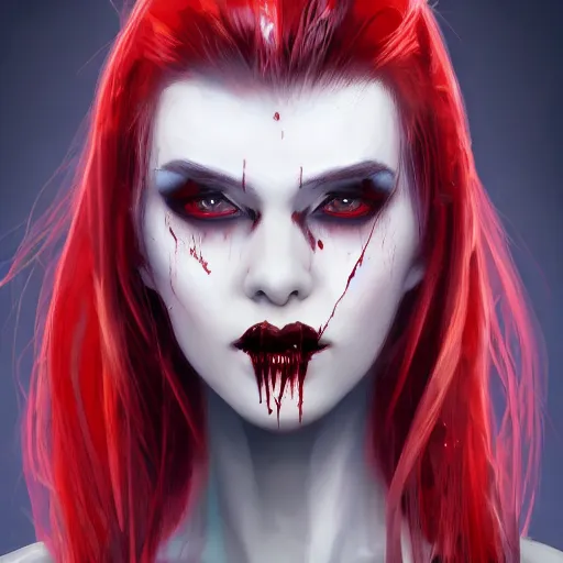 Prompt: Portrait of a pale white vampire woman with bright glowing strands of hair, dark black hair, blood dripping from her fangs,, posing ready for a fight, artstation, cgsociety, masterpiece, dark fantasy